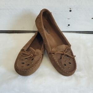 𝅺MINNETONKA Brown Soft Suede Leather Upper Slip On Moccasin Shoe Size 7.5